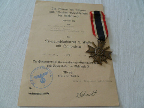 german ww2 certificate war cross with swords AND MEDAL